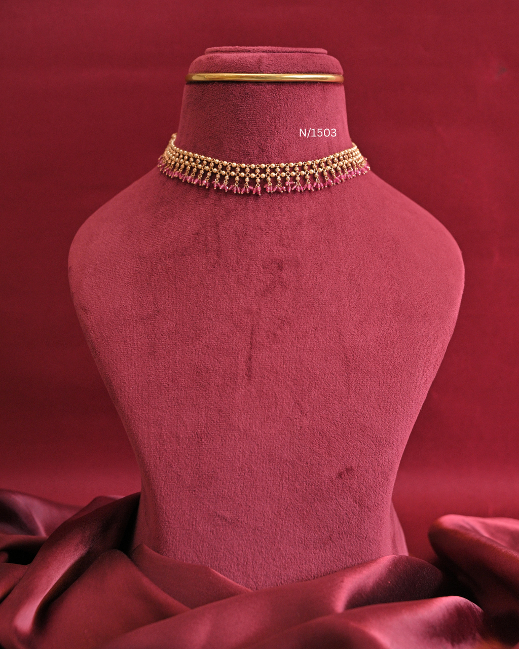 Granulation Bead Mesh & Crimson Pink Gemstone Cluster Fringe Necklace | SKU: N/1503