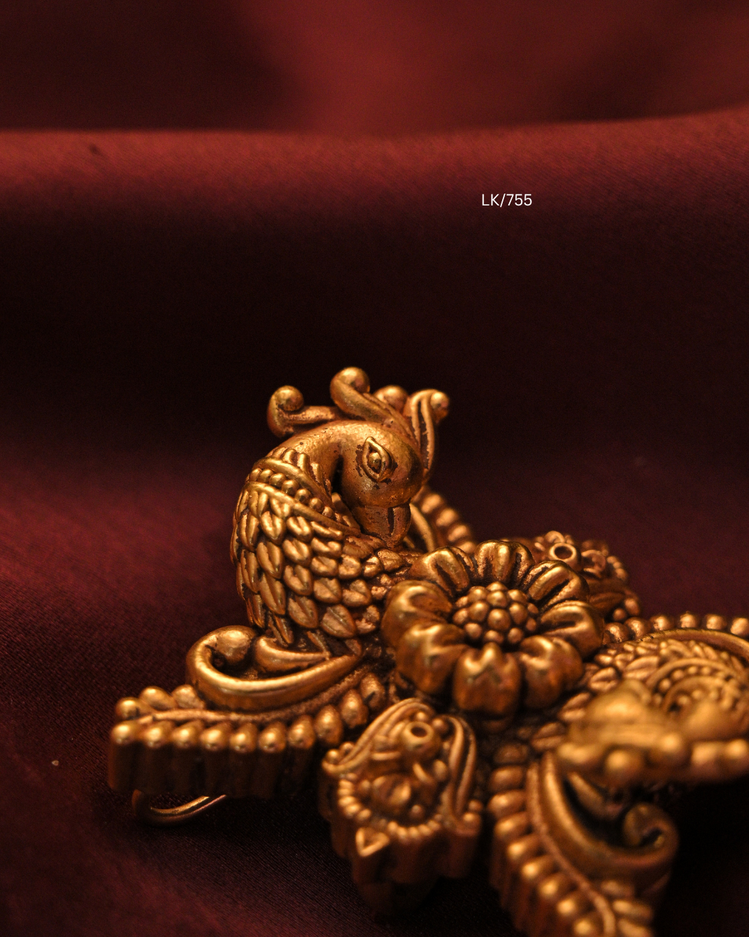Antique Gold Twin Peacock & Floral Bloom Nakshi Temple Pendant |SKU: LK/755