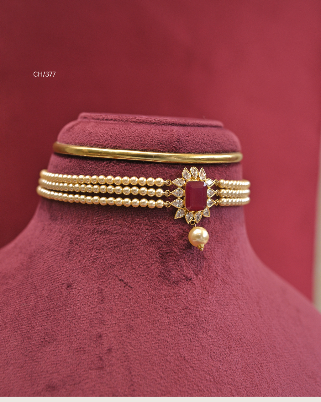 Octagonal Ruby Floral Motif & Pearl Multi-Strand Choker |SKU: CH/377