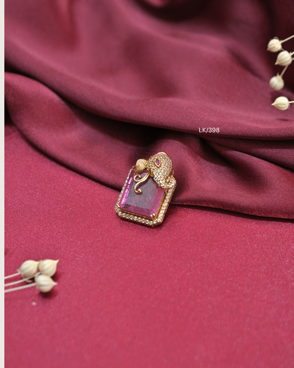 Rectangular Cambodia Ruby Tablet & CZ Lord Ganesha Overlay Pendant |SKU: LK/398