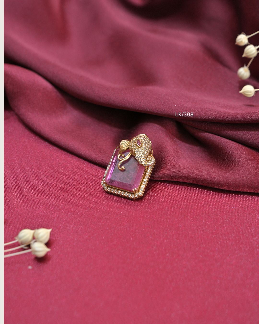 Rectangular Cambodia Ruby Tablet & CZ Lord Ganesha Overlay Pendant |SKU: LK/398