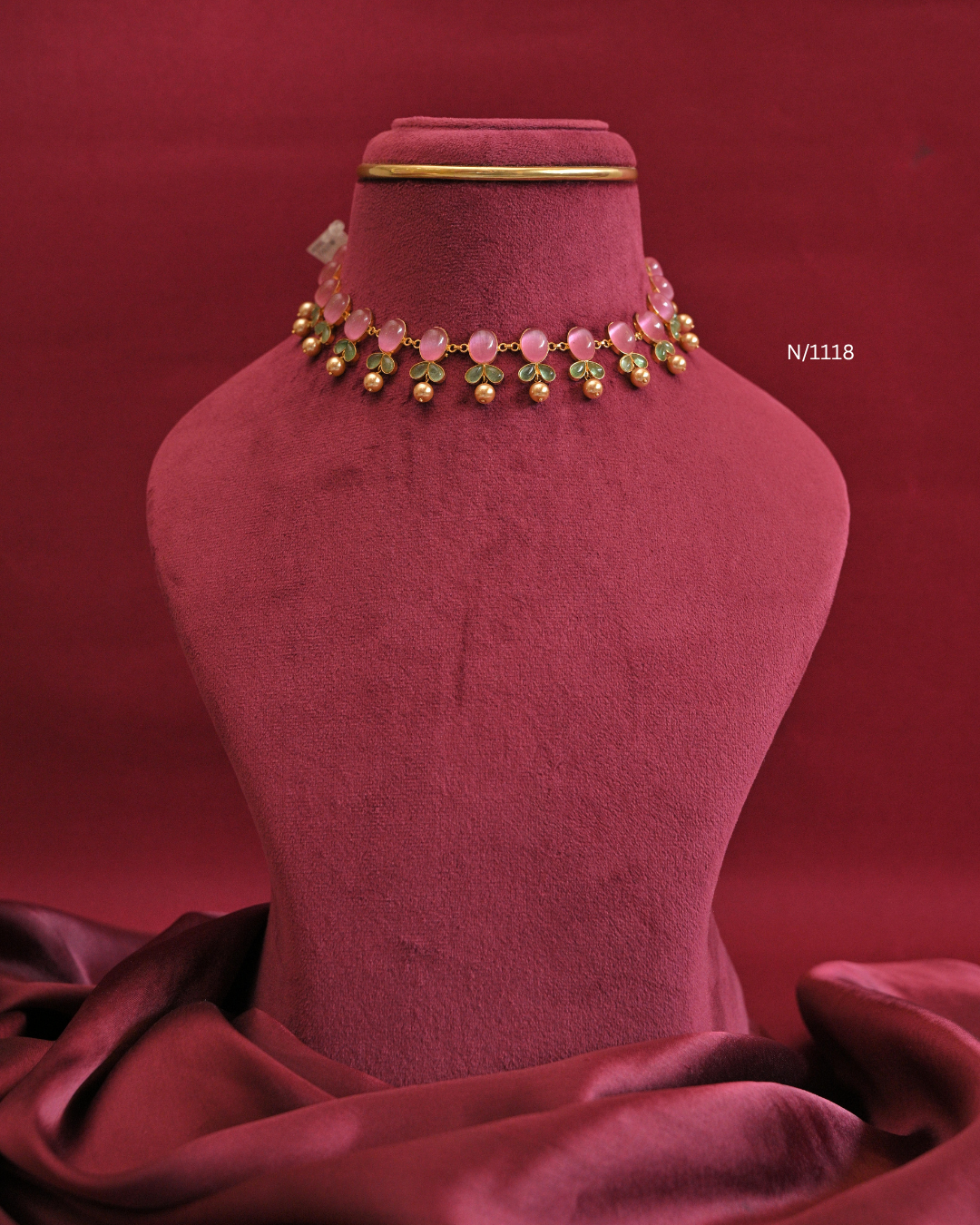 Pink Cabochon & Green Leaf Necklace with Gold Ball Drops |SKU: N/1118