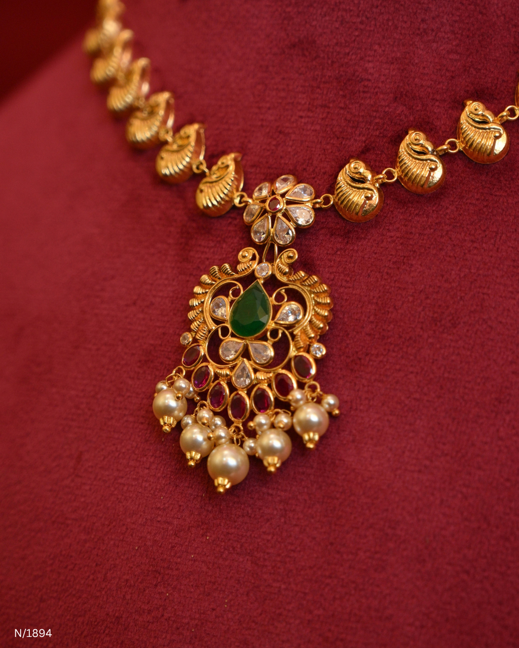 Traditional Peacock Motif Temple Necklace with Emerald, Ruby & Pearl Drops | SKU: N/1894
