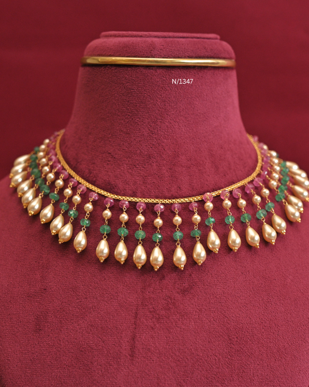 Ruby & Emerald Bead Necklace with Teardrop South Sea Pearl Drops |SKU: N/1347