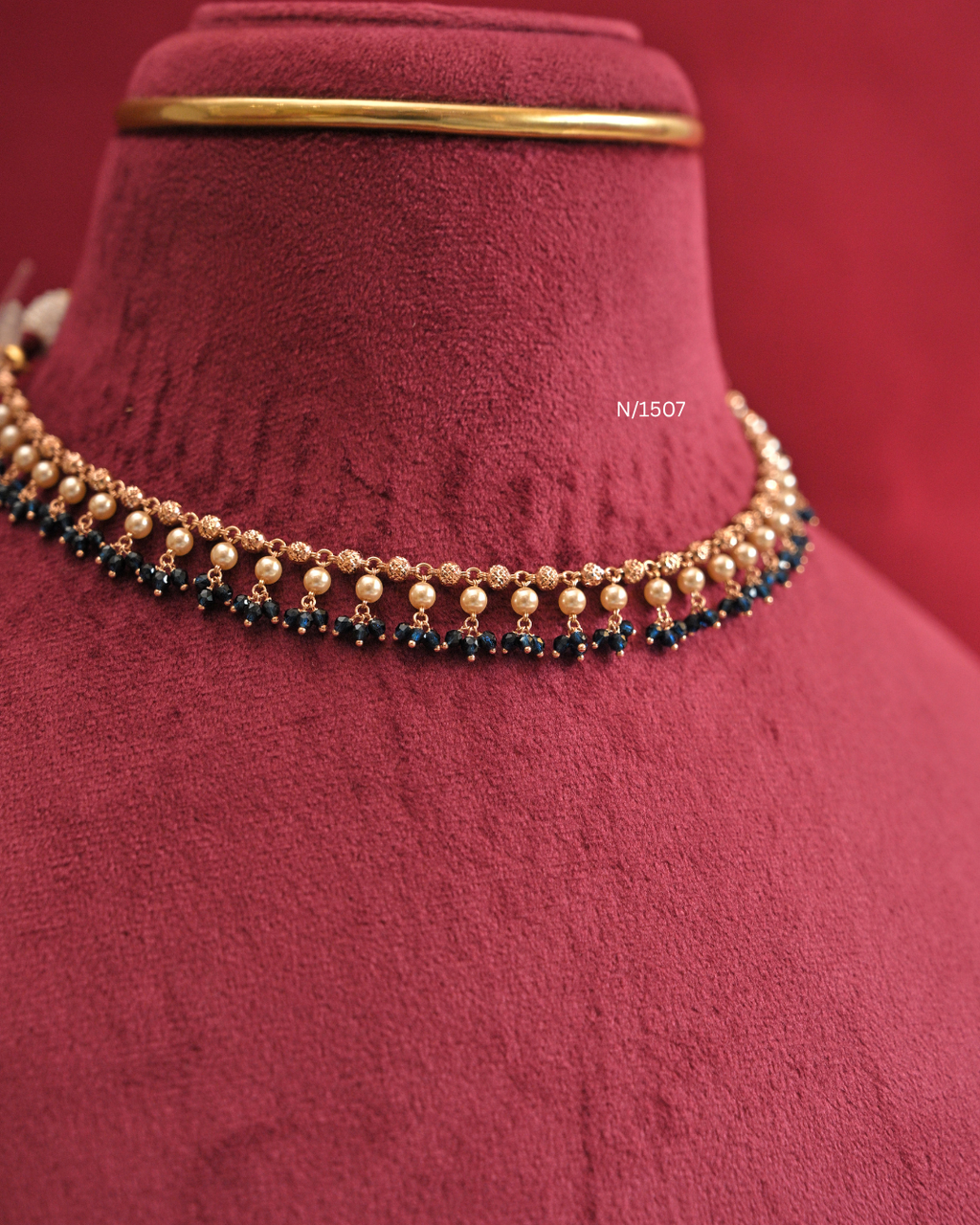 Pearl & Navy Blue Bead Cluster Fringe Necklace | SKU: N/1507