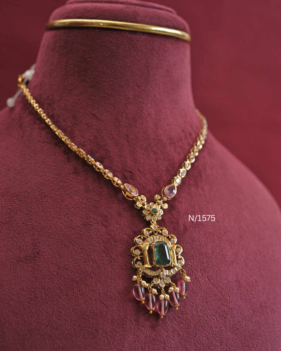 22kt Gold Octagonal Emerald & Cambodia Ruby Pendant Necklace | 11.85g Net | SKU: N/1575
