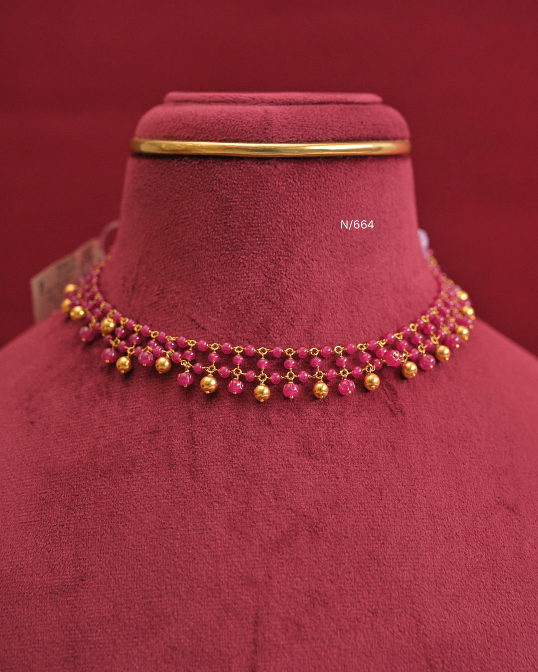Crimson Pink Ruby Bead & Gold Ball Fringe Necklace | SKU: N/664