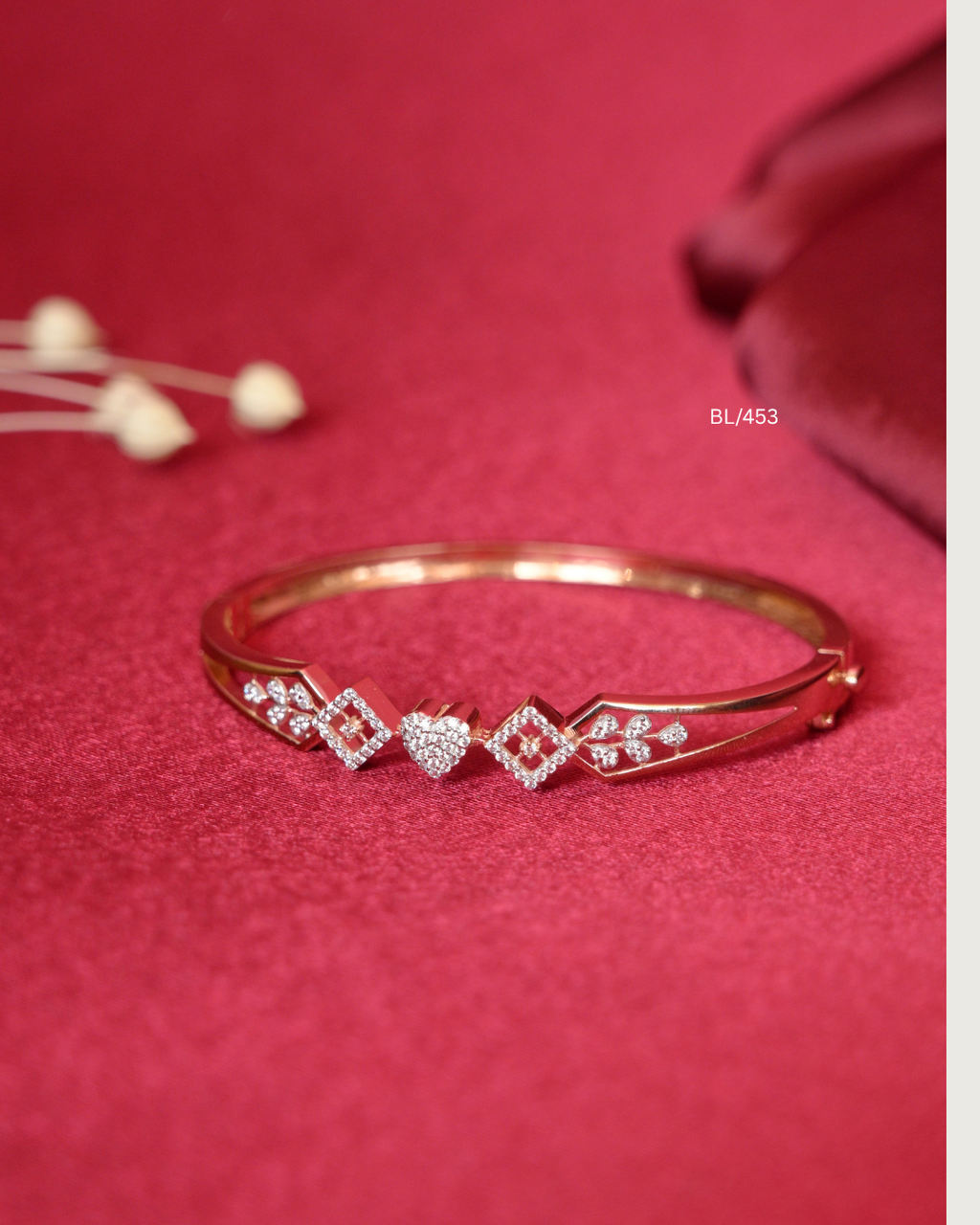 Geometric Diamond Frame & Pave CZ Heart Station Bangle | SKU: BL/453
