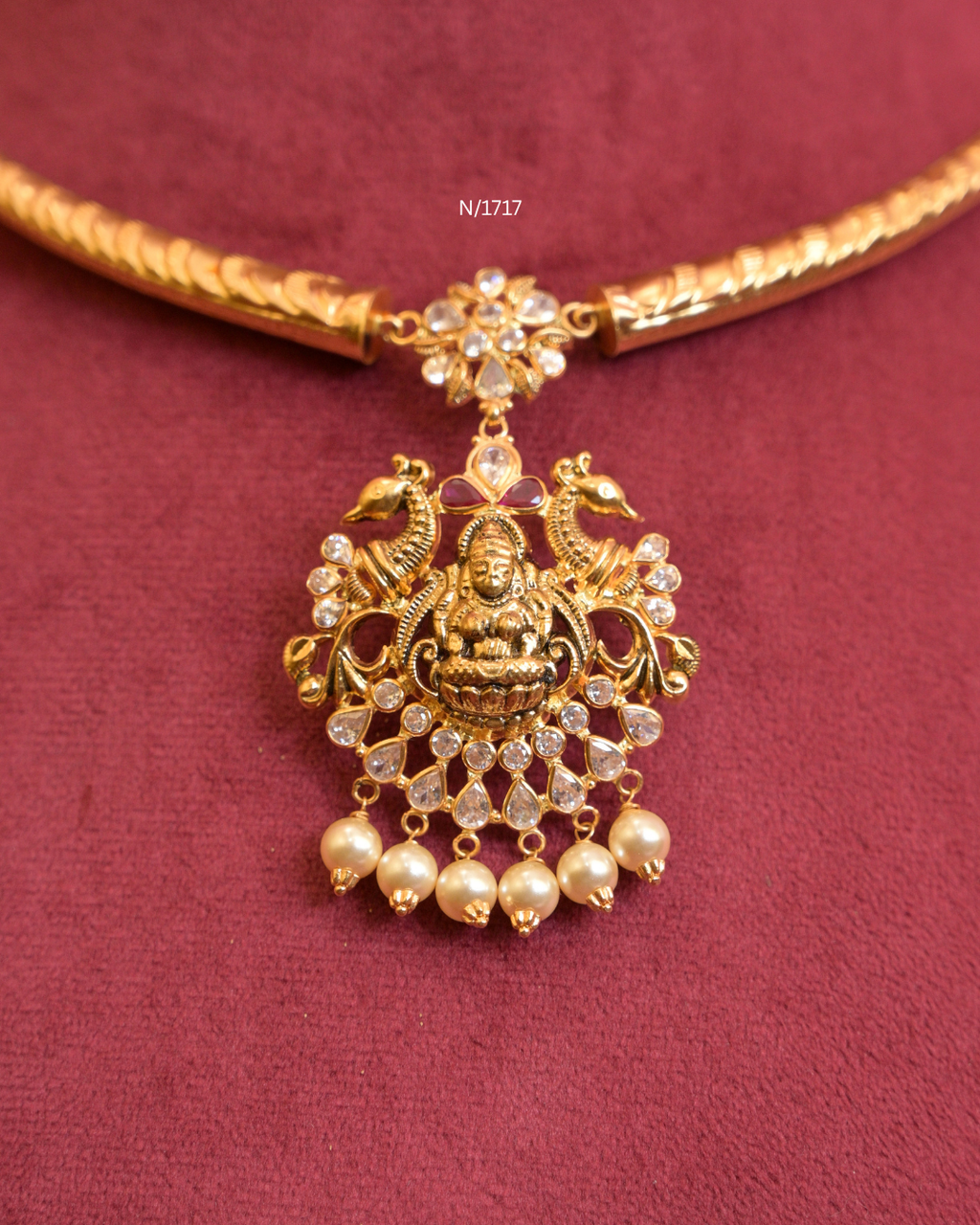 Goddess Lakshmi & Peacock Nakshi Pendant Tubular Hasli with CZ Polki & Pearl Drops |SKU: N/1717