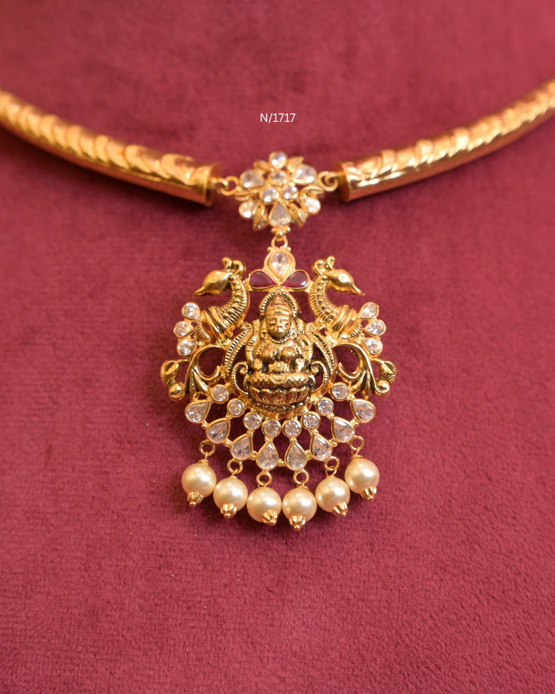 Goddess Lakshmi & Peacock Nakshi Pendant Tubular Hasli with CZ Polki & Pearl Drops |SKU: N/1717