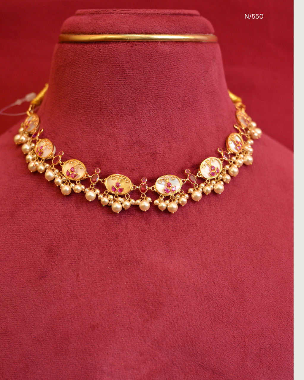 Enamel & Pearl Oval Floral Station Choker Necklace with Ruby Trefoils & Pearl Cluster Drops | SKU: N/550