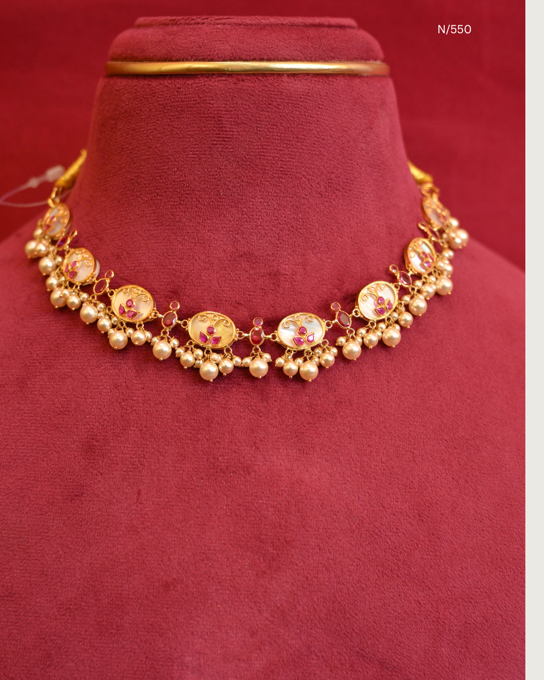 Enamel & Pearl Oval Floral Station Choker Necklace with Ruby Trefoils & Pearl Cluster Drops | SKU: N/550