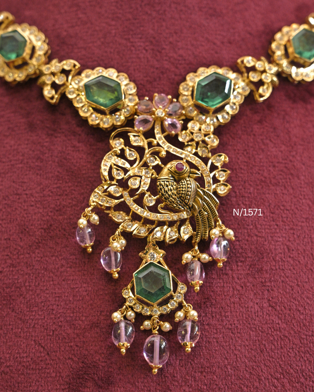 22kt Gold Hexagonal Sea Green Emerald & Peacock Necklace | 24.81g Net | SKU: N/1571