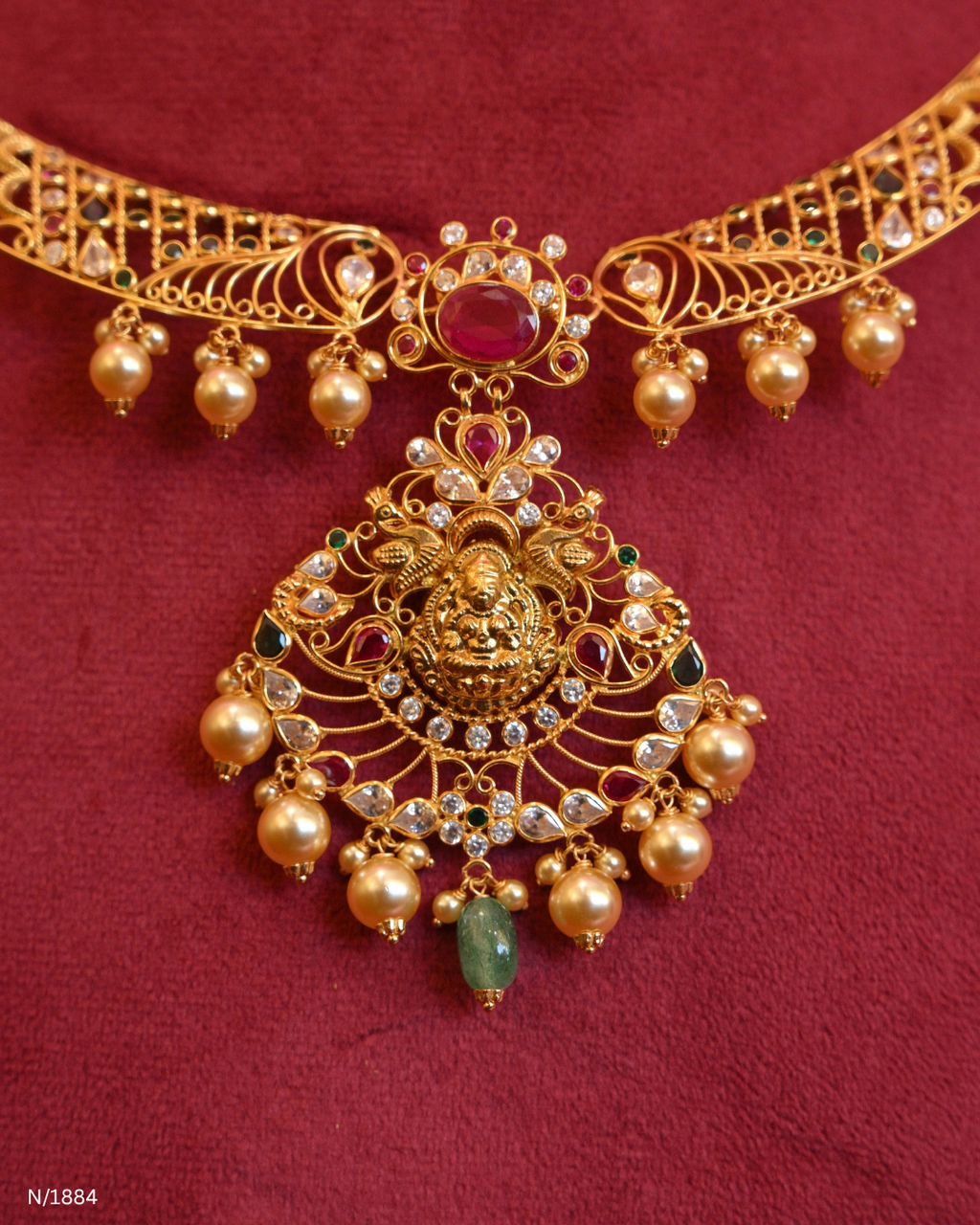 Goddess Lakshmi & Peacock Openwork Temple Choker Necklace with Pearl Bead Drops | SKU: N/1884