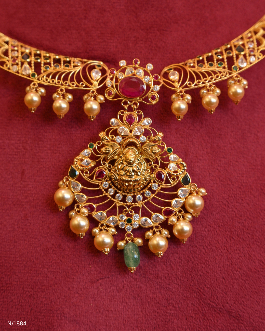 Goddess Lakshmi & Peacock Openwork Temple Choker Necklace with Pearl Bead Drops | SKU: N/1884