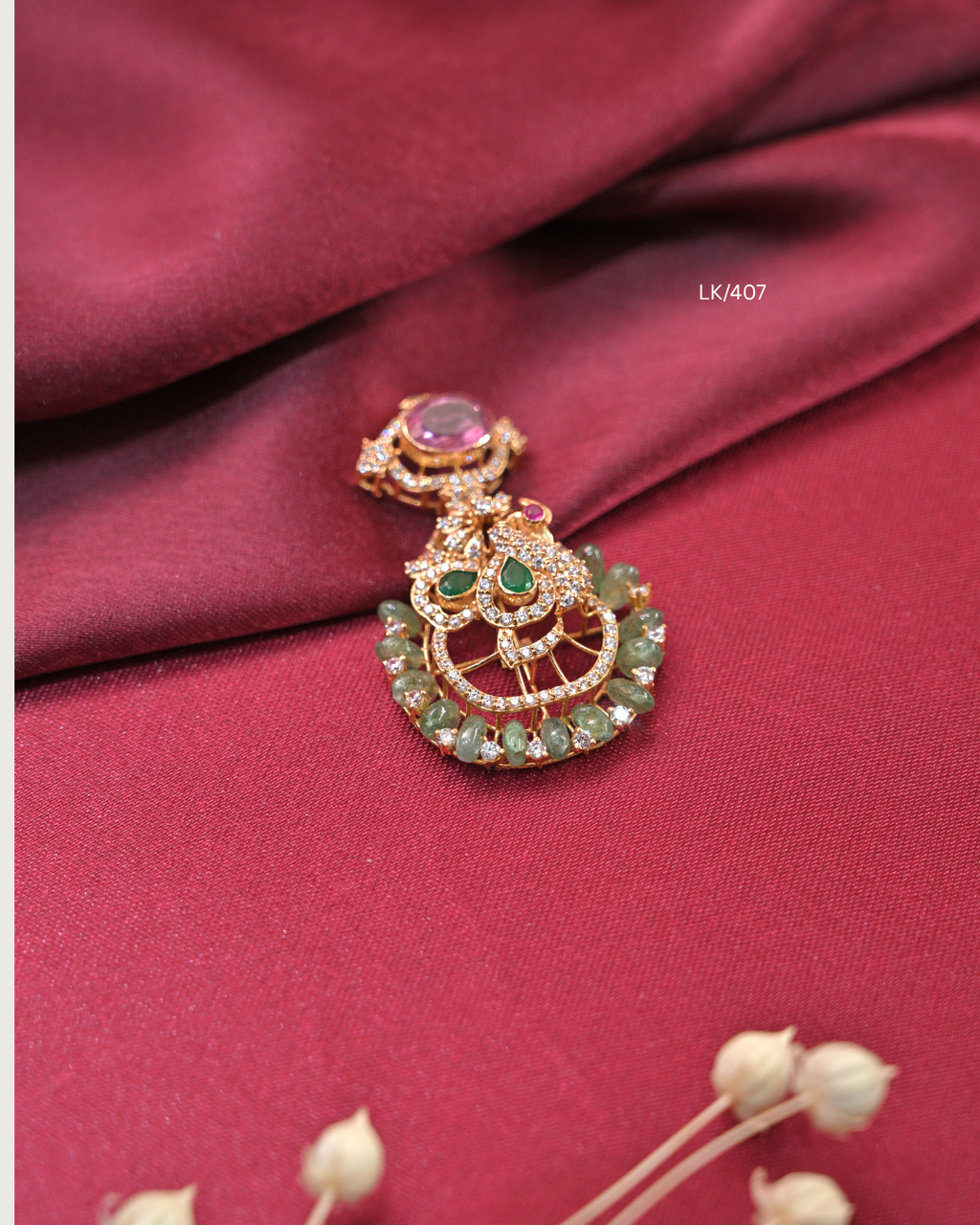 Antique Oval Cambodia Ruby Bale & Peacock Pendant with Emerald Drops | SKU: LK/407