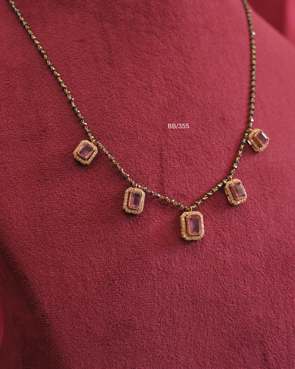Pink Emerald-Cut Gemstone & CZ Halo 5-Station Mangalsutra | SKU: BB/355