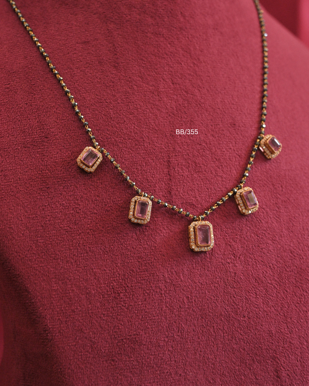 Pink Emerald-Cut Gemstone & CZ Halo 5-Station Mangalsutra | SKU: BB/355