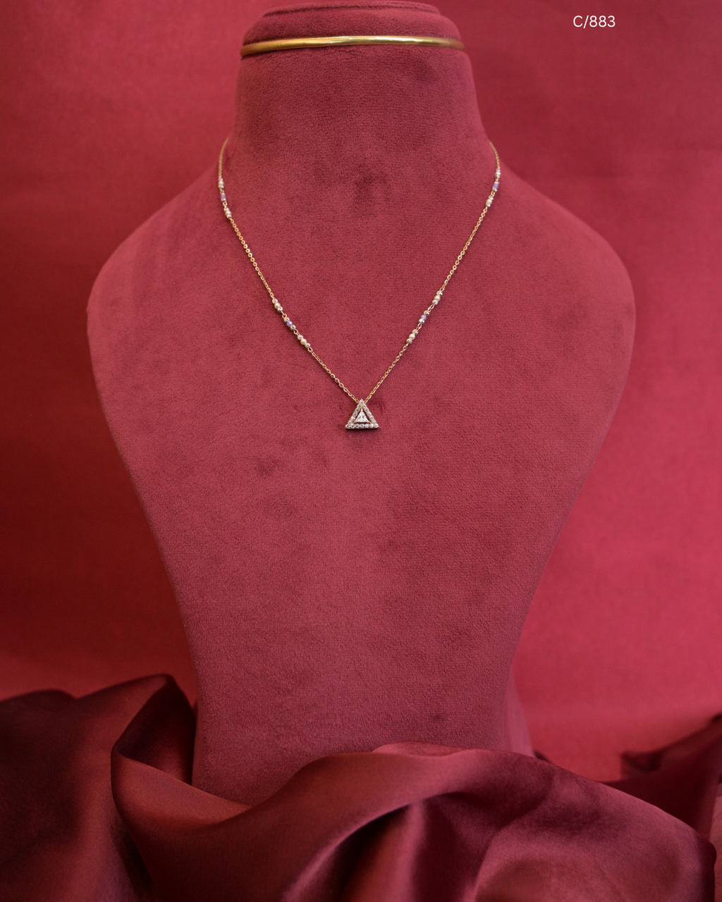 Gold Pastel Beaded Station Necklace with Triangular Pave CZ Halo Pendant | SKU: C/883