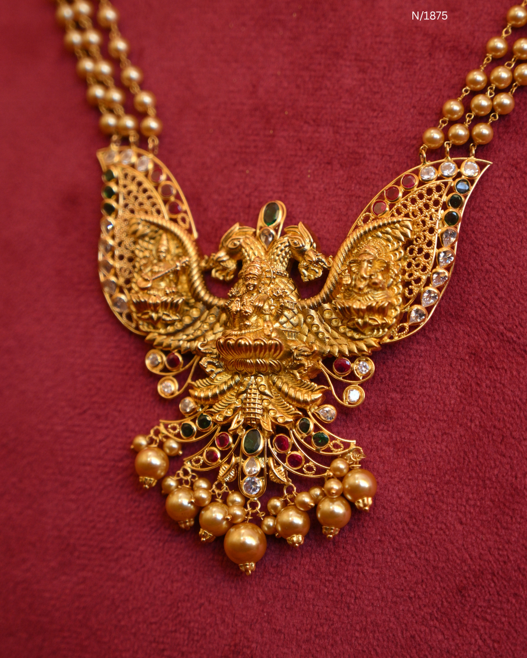 Traditional Triple-Layered Ball Chain Temple Necklace with Goddess Lakshmi & Peacock Pendant | SKU: N/1875