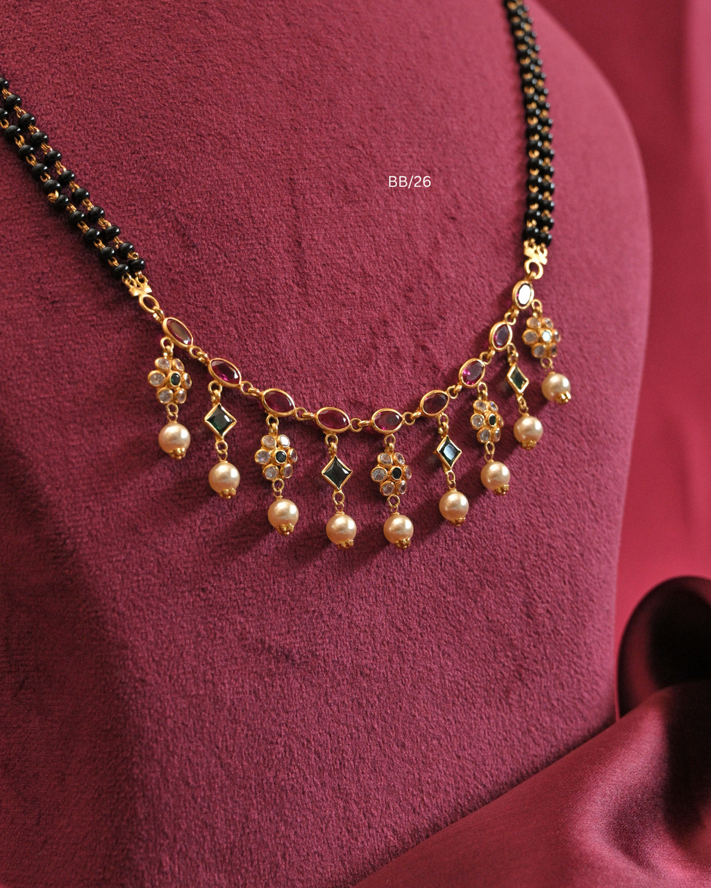 Ruby, Emerald & CZ Floral Fringe Drop Mangalsutra with Pearl Accents |SKU: BB/26