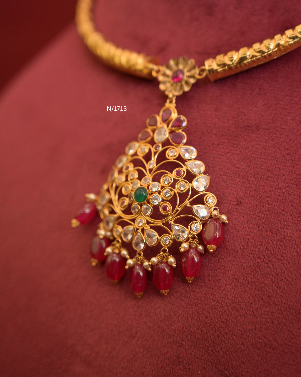 Floral Filigree Pendant Tubular Hasli with Rubies, Emerald & Ruby Bead Drops |SKU: N/1713
