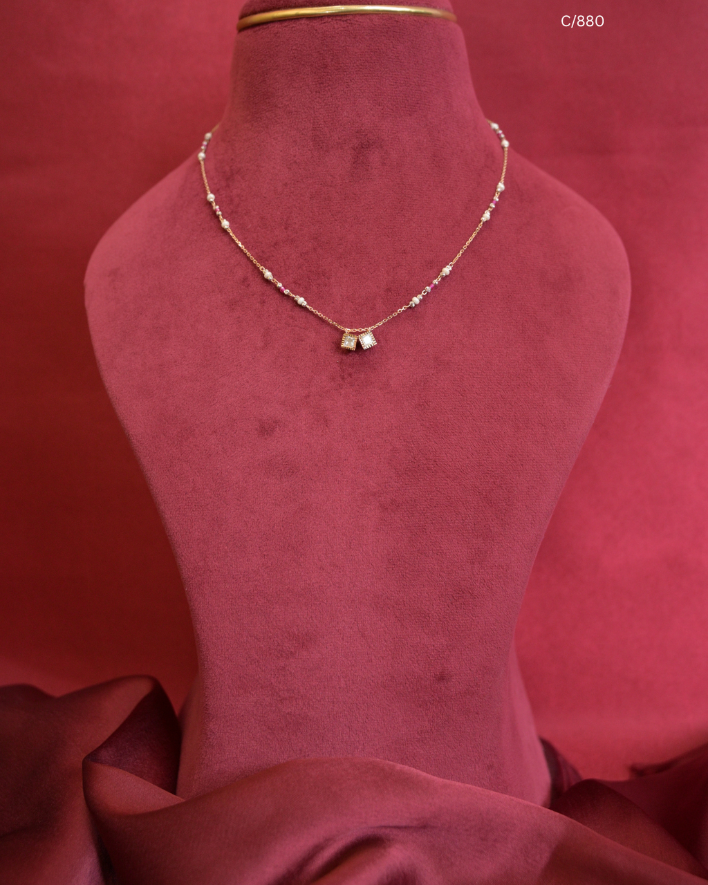 Pearl Beaded Station Necklace with Twin Pave CZ Square Halo Pendants | SKU: C/880