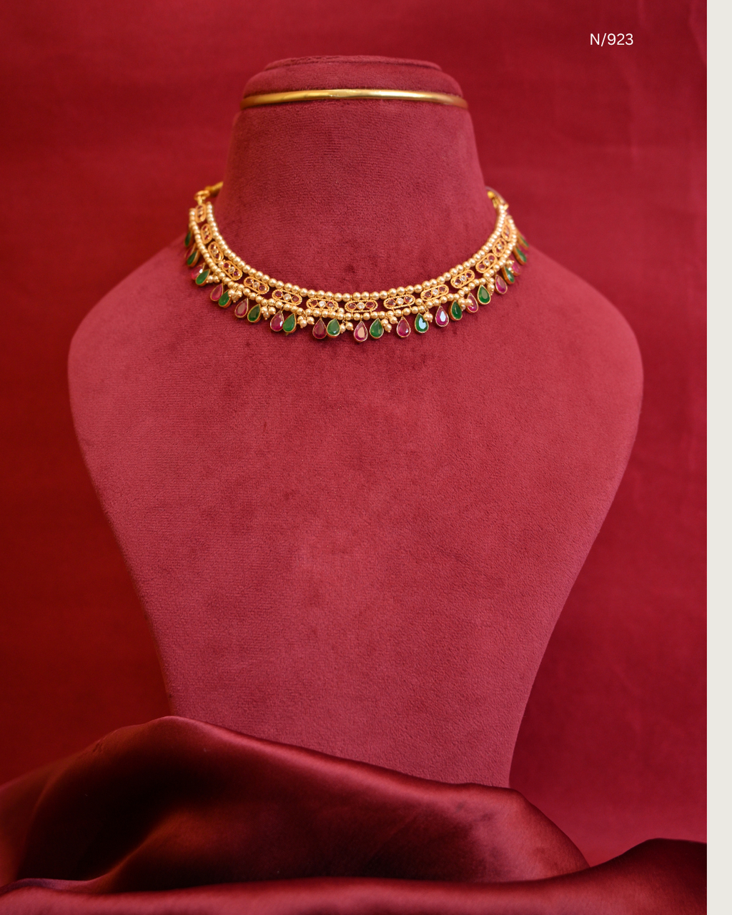 Traditional Alternating Teardrop Emerald & Ruby Fringe Choker Necklace | SKU: N/923