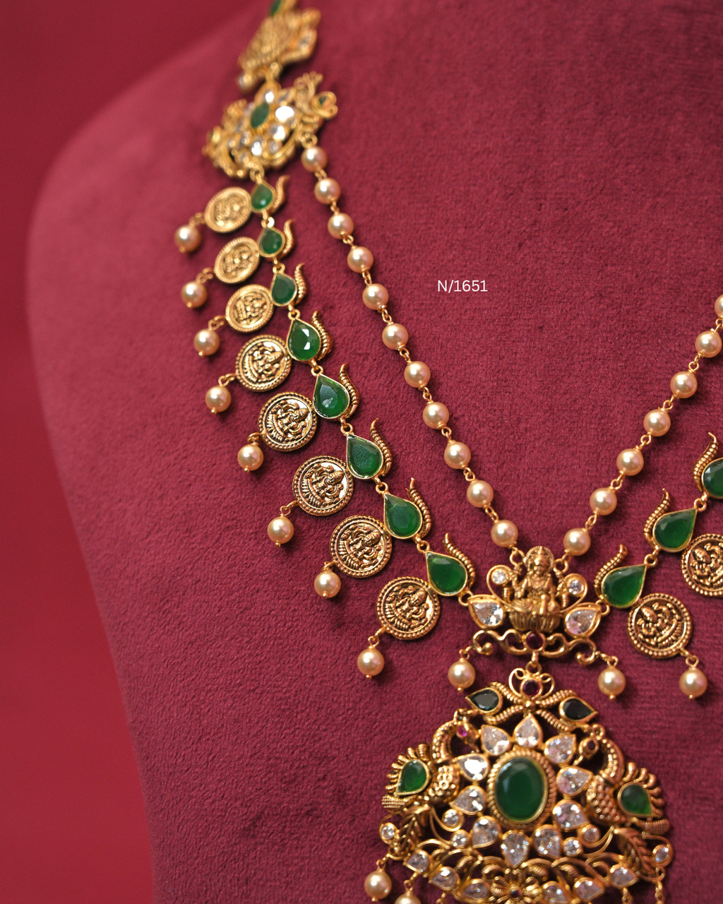 Emerald Kasu Mala Haram with Layered Pearl Chain & Lakshmi Pendant |SKU: N/1651