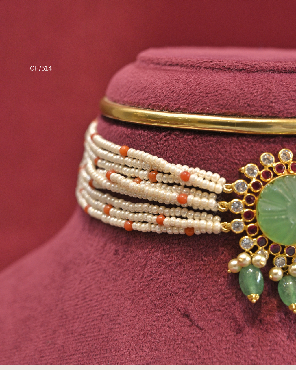 Carved Emerald Sunburst Medallion & Pearl Choker | SKU: CH/514