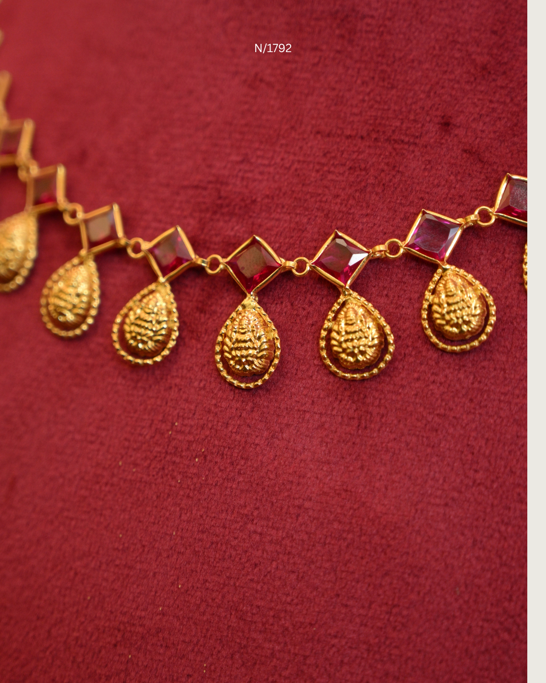 Goddess Lakshmi Coin & Rhombus Ruby Station Choker Necklace with Seed Pearl Drops | SKU: N/1792