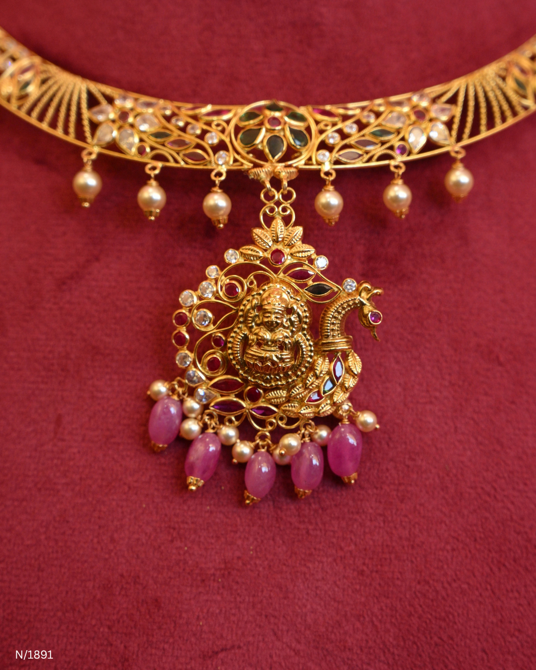 Goddess Lakshmi & Peacock Openwork Temple Choker Necklace with Pink Bead Drops | SKU: N/1891