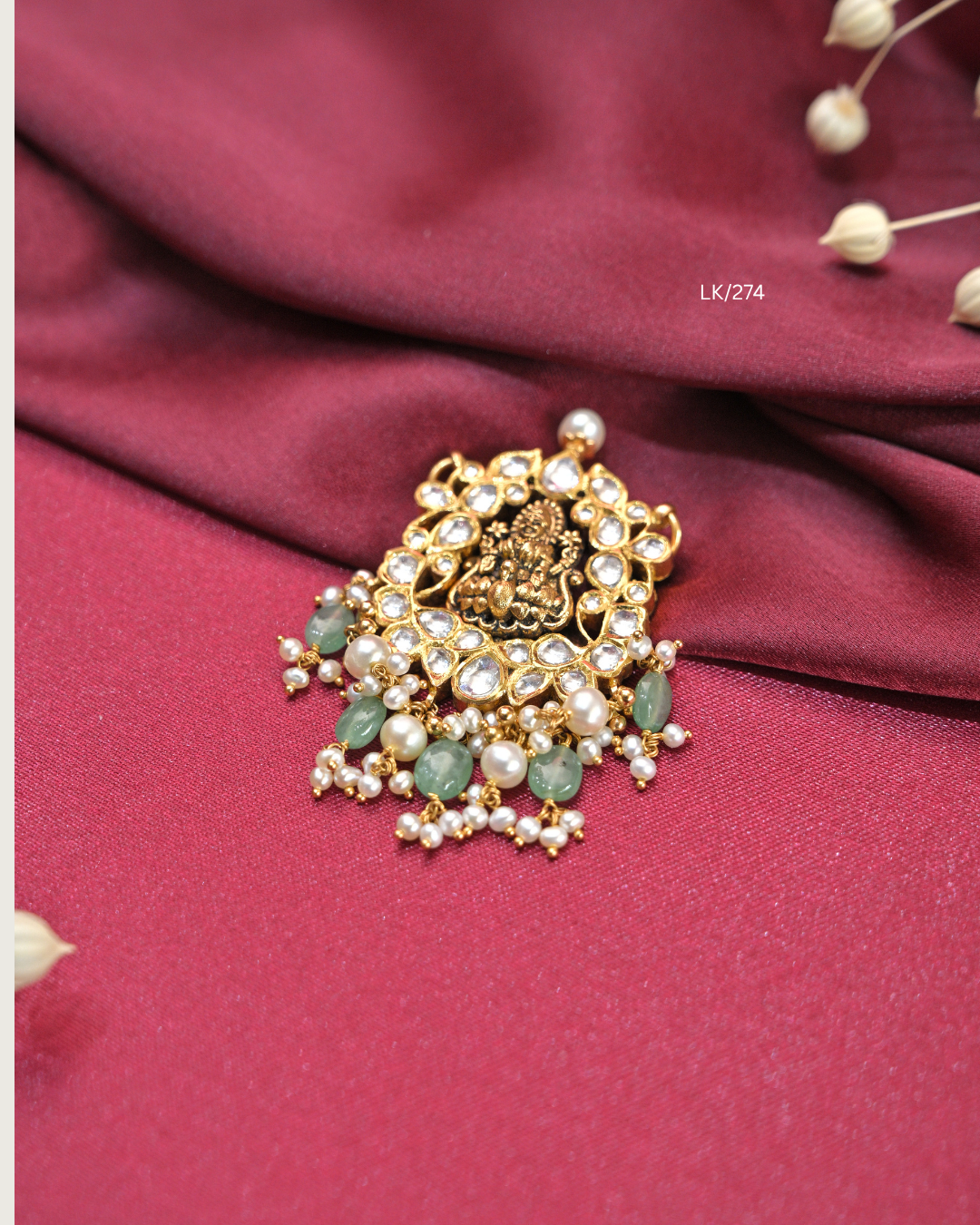 Antique Goddess Lakshmi Kundan Pendant with Emerald & Pearl Drops | SKU: LK/274