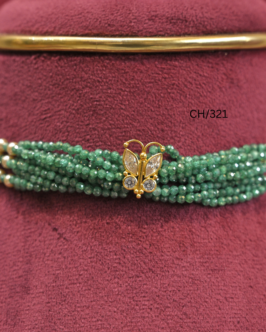 Gold Butterfly Motif Multi-Strand Emerald Green Bead Choker | SKU: CH/321