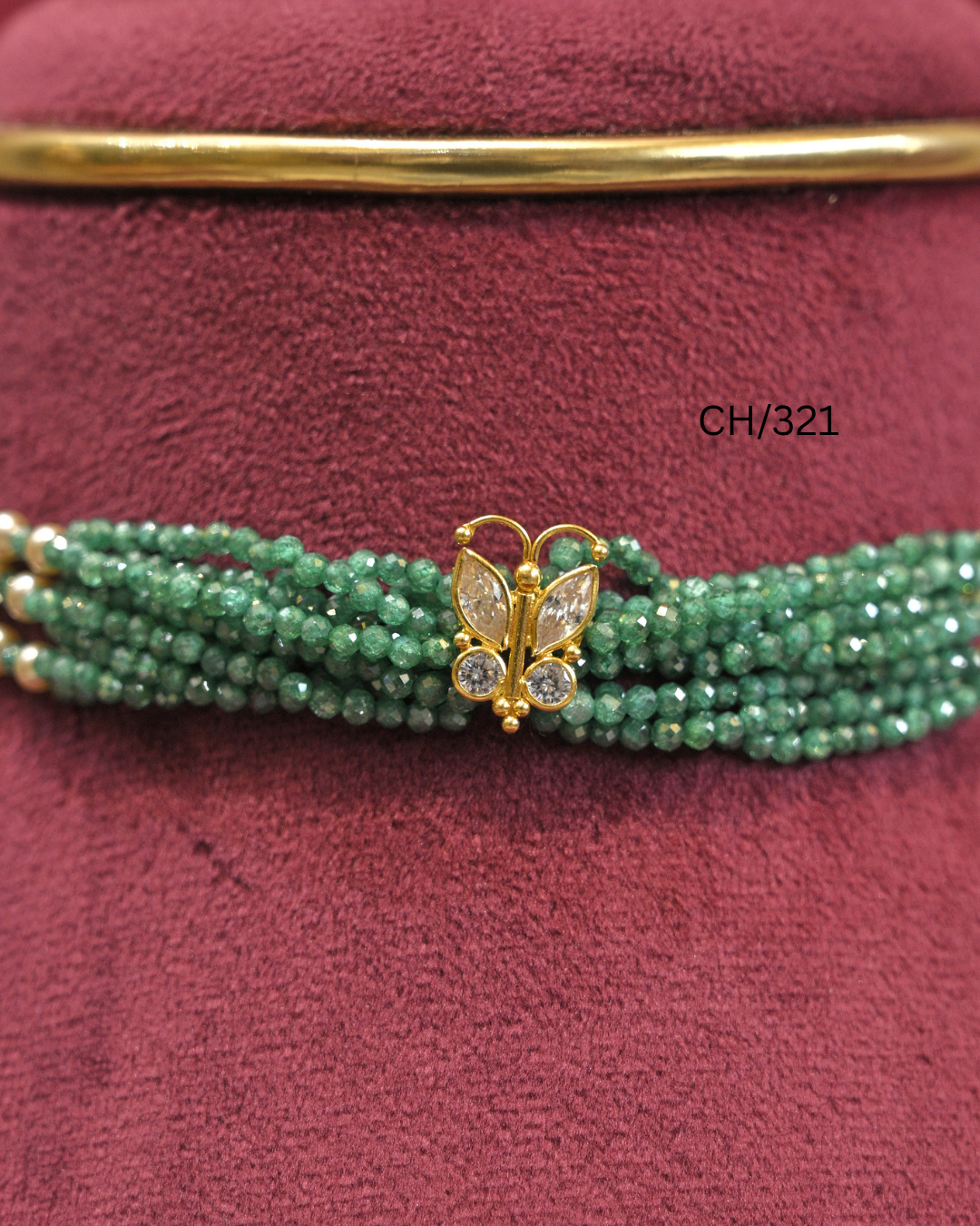 Gold Butterfly Motif Multi-Strand Emerald Green Bead Choker | SKU: CH/321