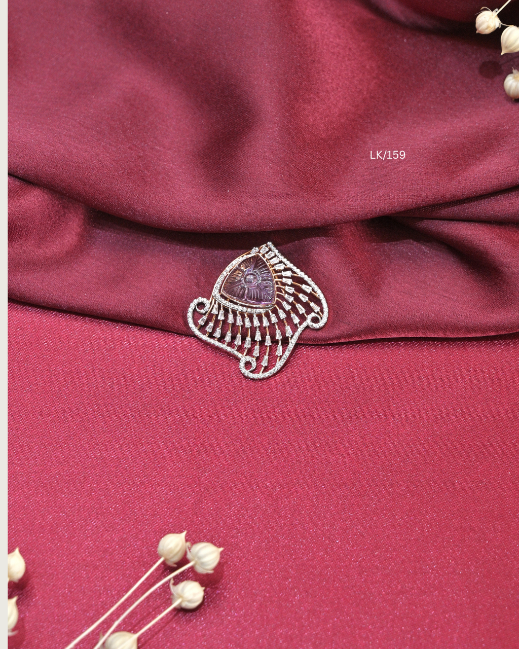 Carved Trillion Gemstone & CZ Baguette Fan Pendant |  SKU: LK/159