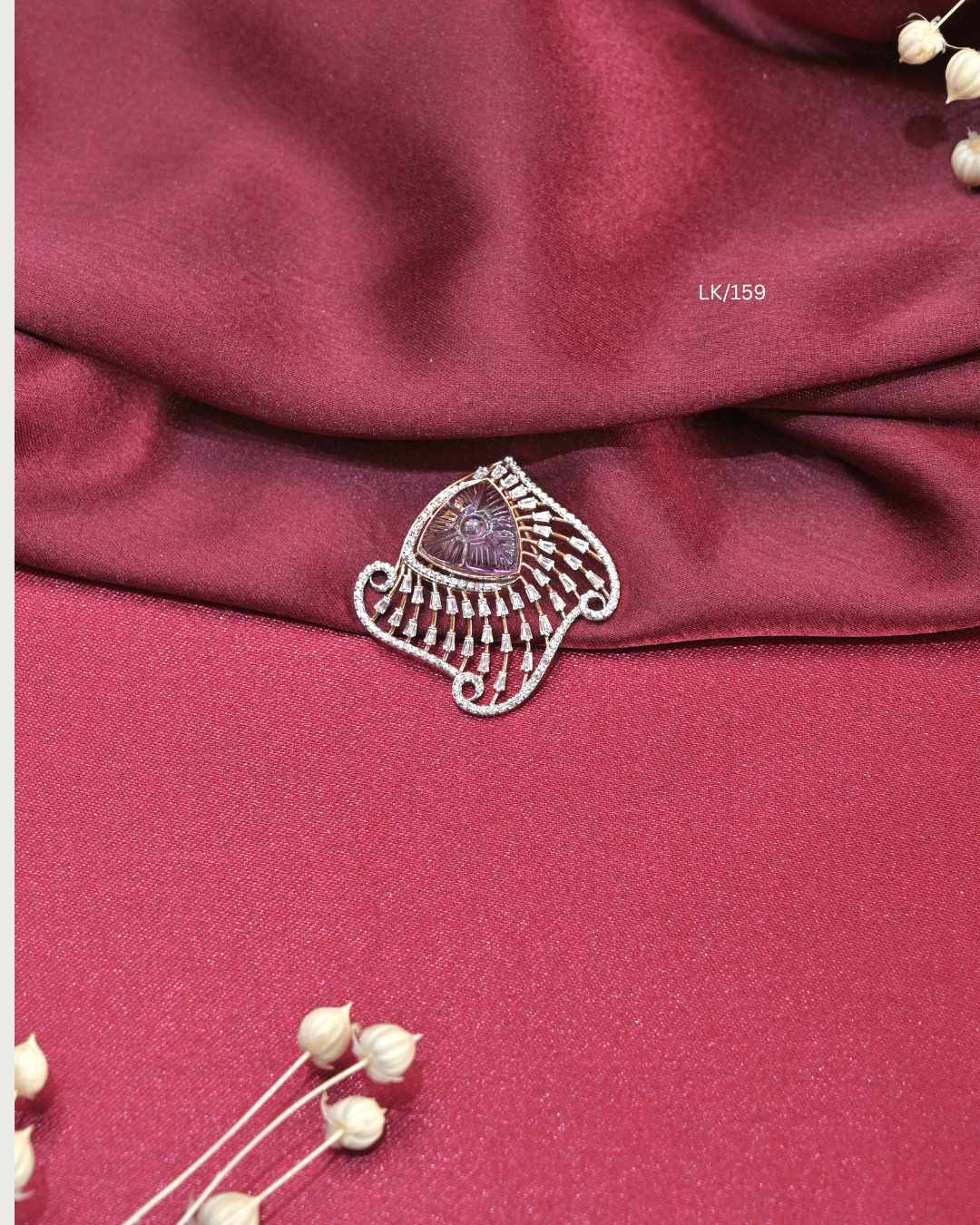 Carved Trillion Gemstone & CZ Baguette Fan Pendant |  SKU: LK/159