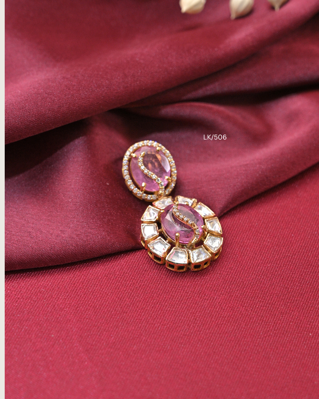 Dual Oval Cambodia Ruby & Polki-Style CZ Two-Tier Pendant | SKU: LK/506