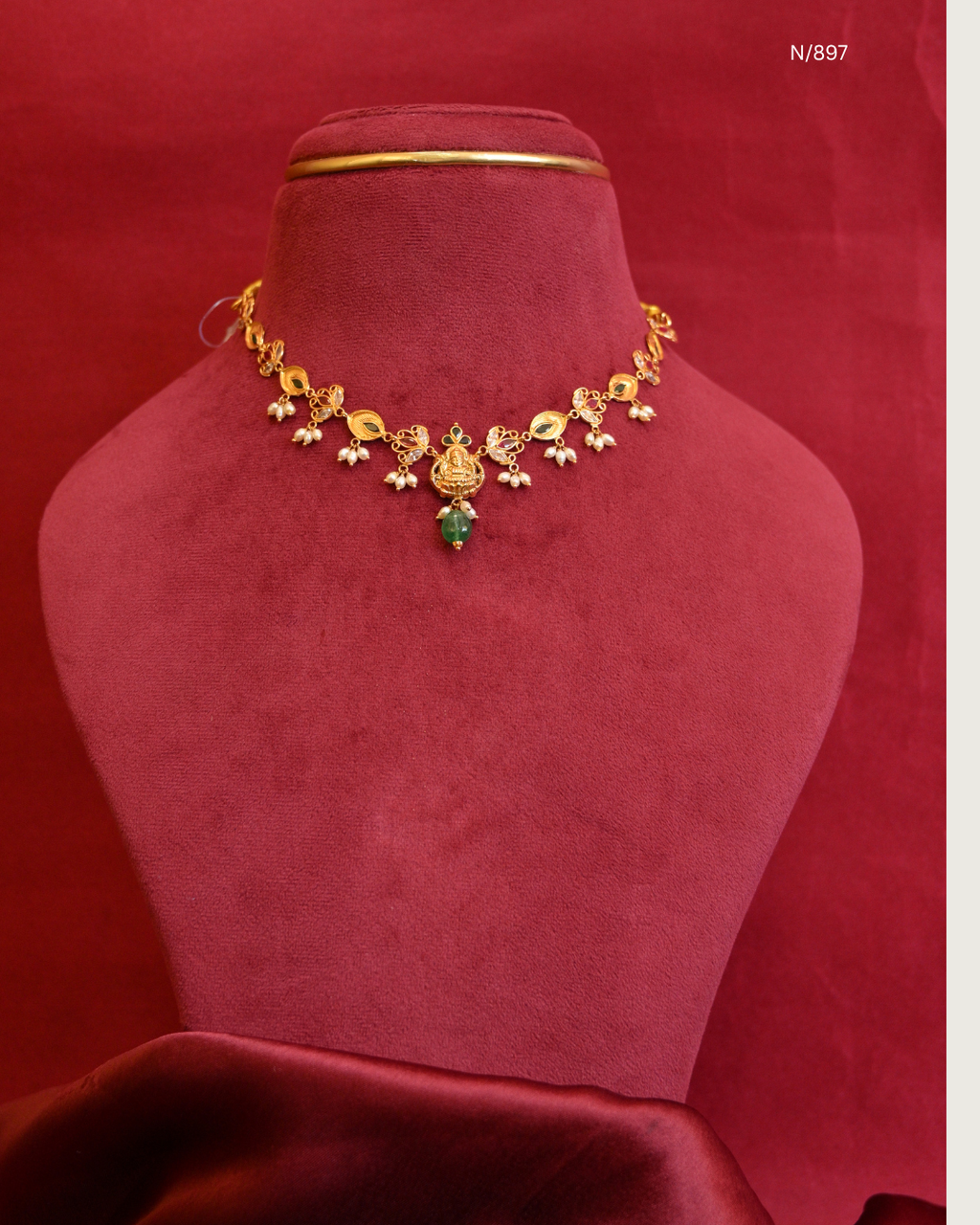 Goddess Lakshmi & Twin Peacock Nakshi Temple Choker Necklace with Rubies, Emeralds, Seed Pearls & Emerald Drop | SKU: N/897