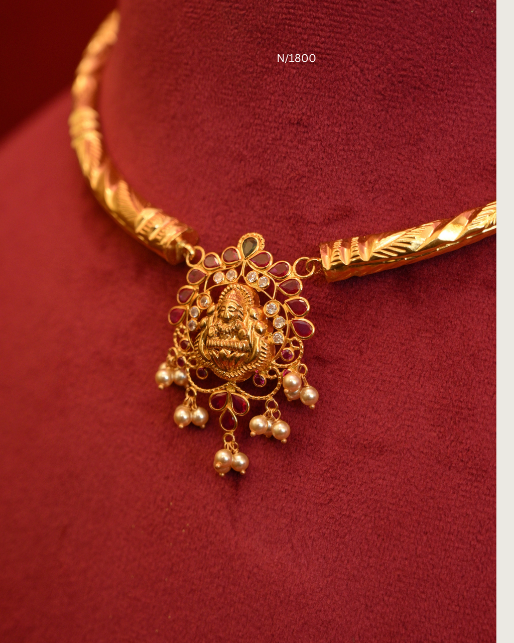 Goddess Lakshmi Floral Openwork Pendant Tubular Hasli Necklace with Rubies, Emeralds, CZ & Pearl Drops | SKU: N/1800