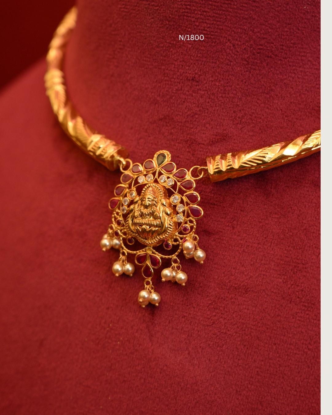 Goddess Lakshmi Floral Openwork Pendant Tubular Hasli Necklace with Rubies, Emeralds, CZ & Pearl Drops | SKU: N/1800