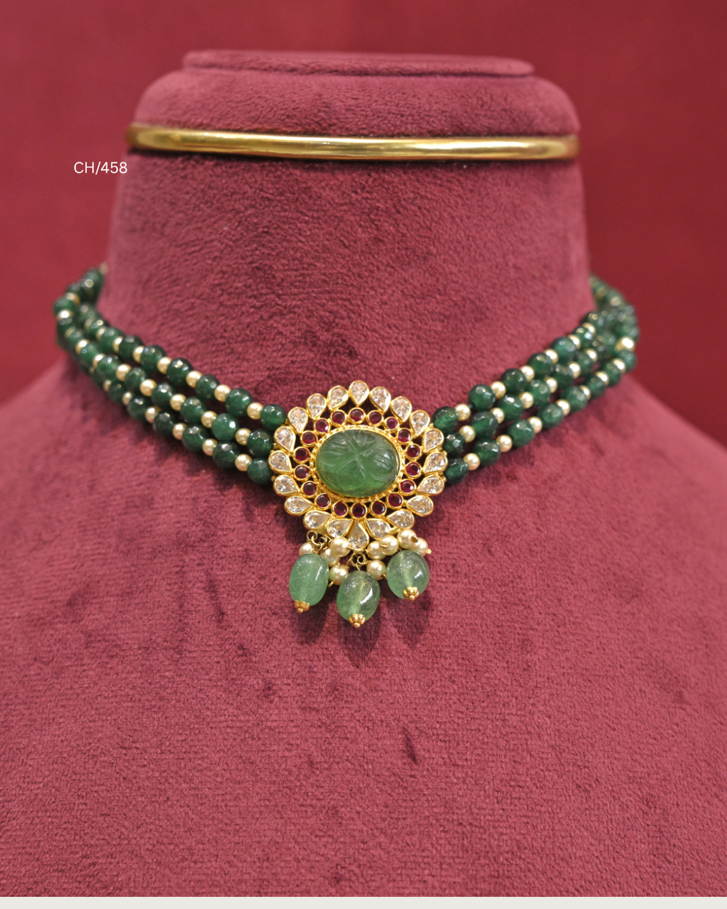 Carved Emerald Sunburst Medallion Multi-Strand Emerald Bead Choker |SKU: CH/458