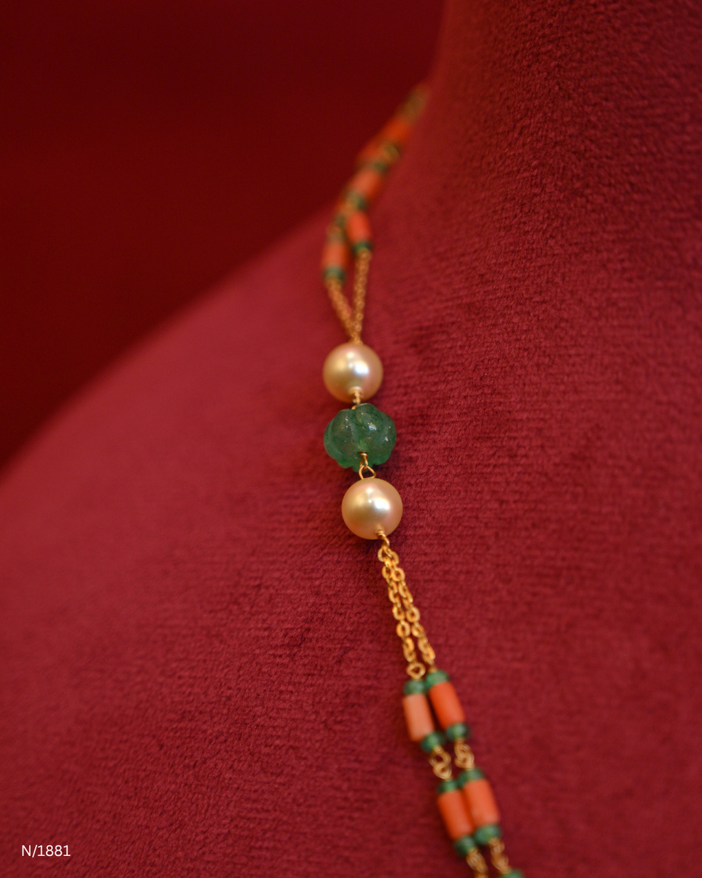 Royal Elephant Motif Coral & Emerald Beaded Station Tassel Y-Necklace | SKU: N/1881