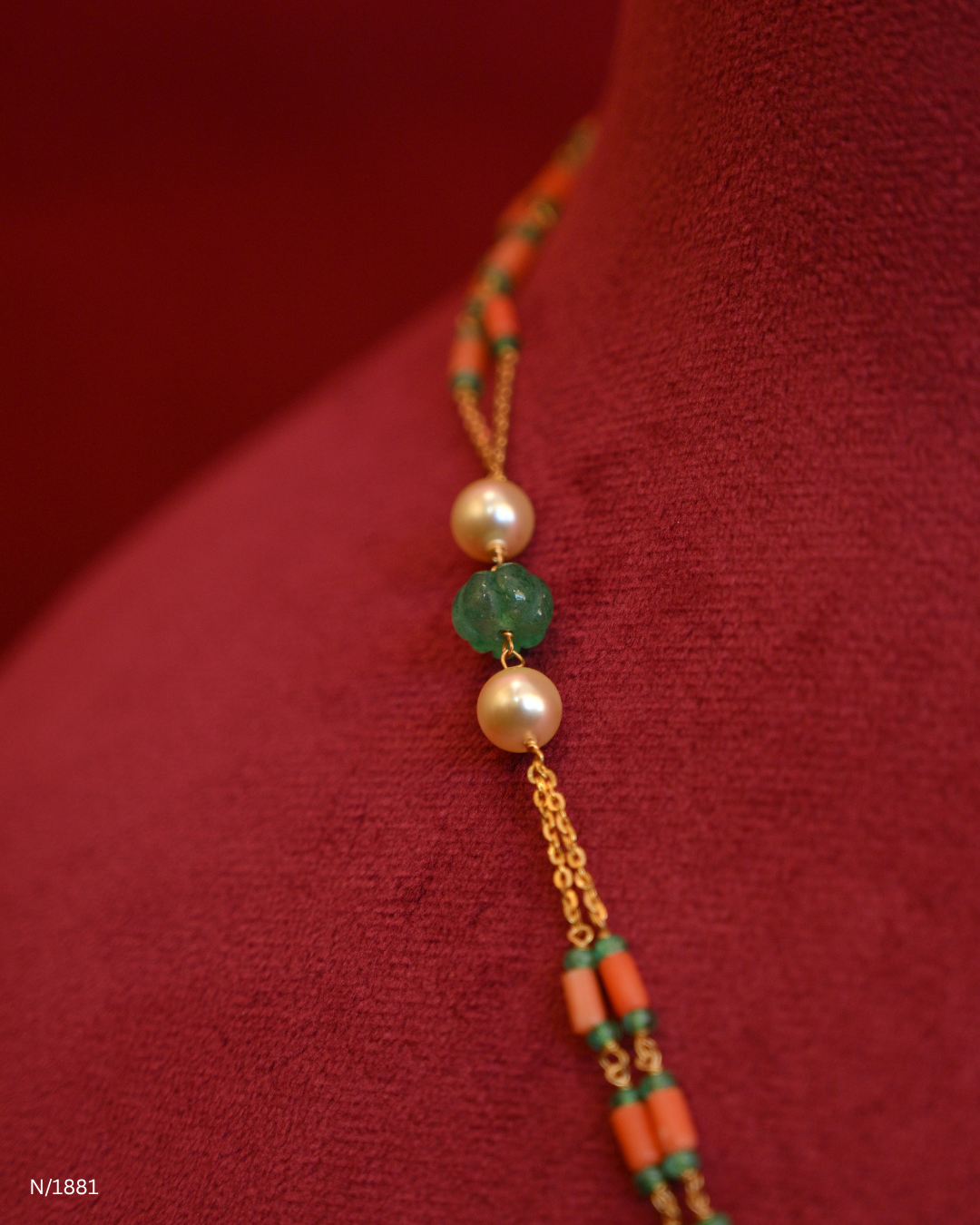 Royal Elephant Motif Coral & Emerald Beaded Station Tassel Y-Necklace | SKU: N/1881