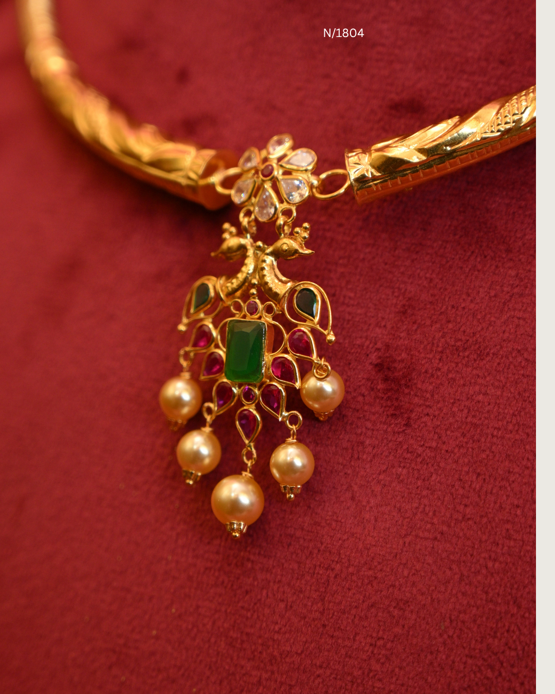 Twin Peacock Pendant Tubular Hasli Necklace with Emerald Centerpiece, Rubies, CZ & Pearl Drops | SKU: N/1804