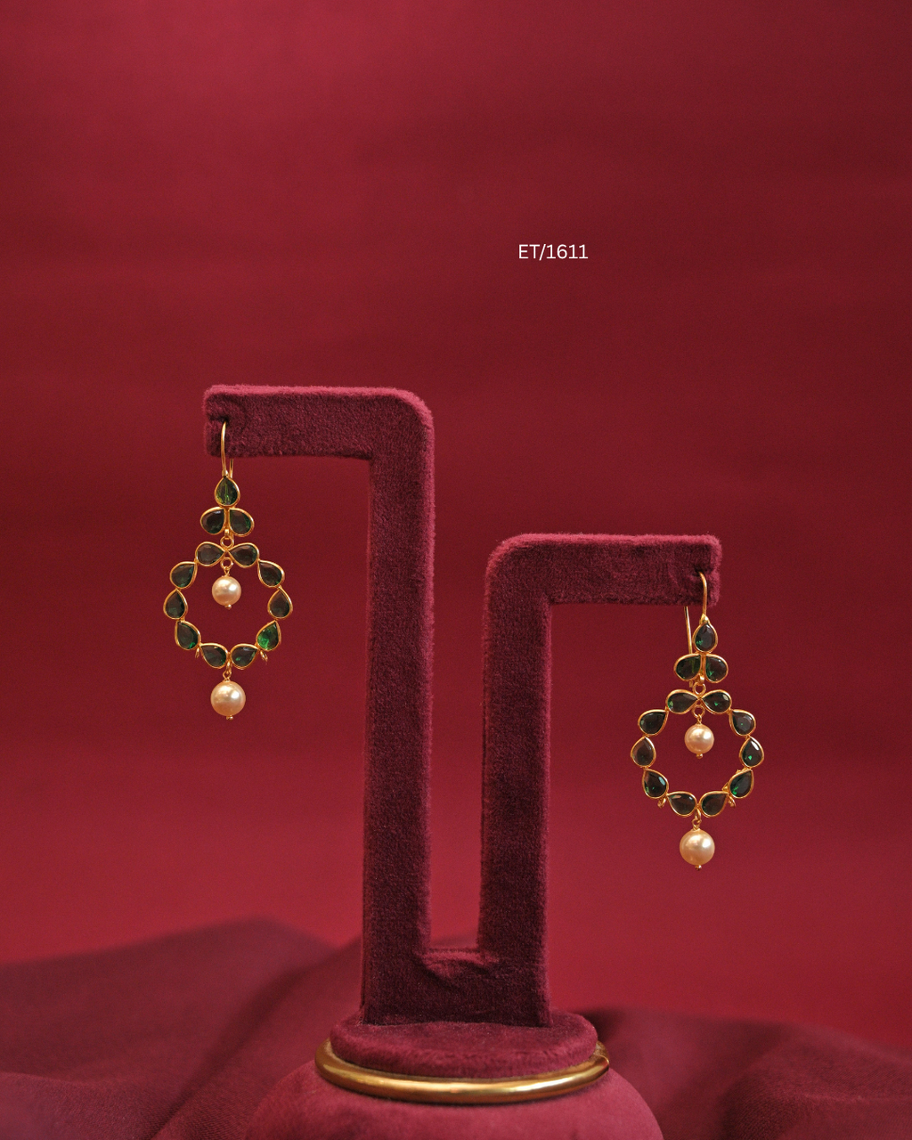 Circular Emerald Bezel Frame Drop Earrings with Cultured Pearls |SKU: ET/1611