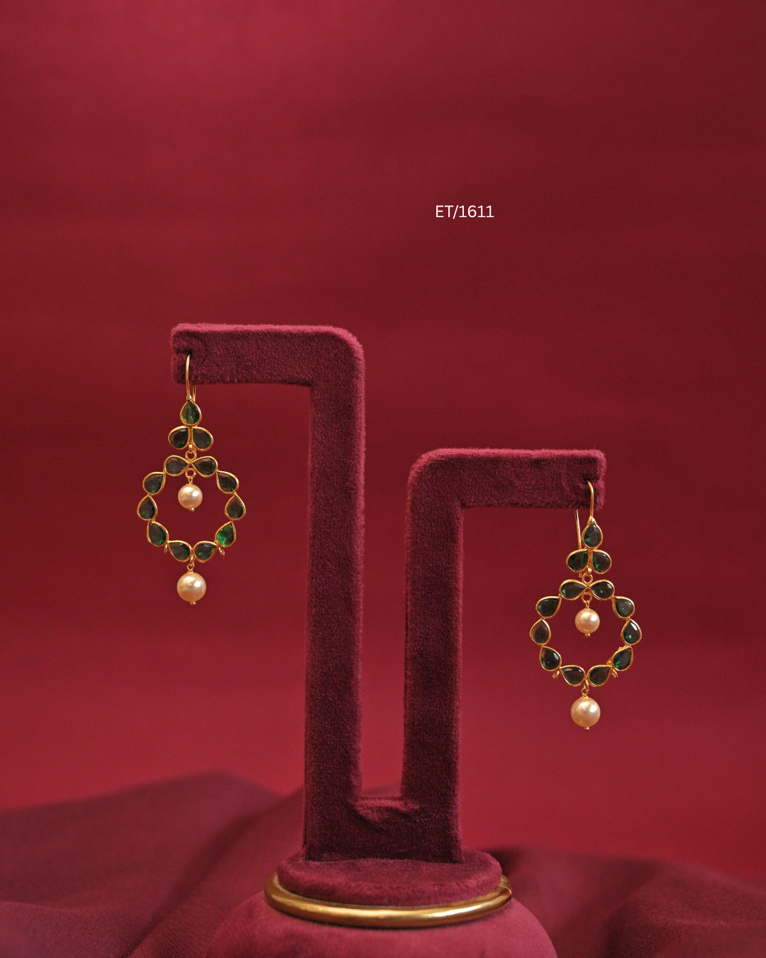 Circular Emerald Bezel Frame Drop Earrings with Cultured Pearls |SKU: ET/1611