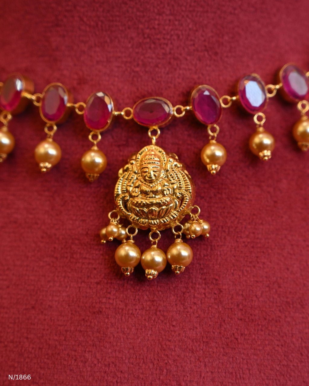 Traditional Ruby Kasu Temple Choker Necklace with Gold Bead Dangles | SKU: N/1866