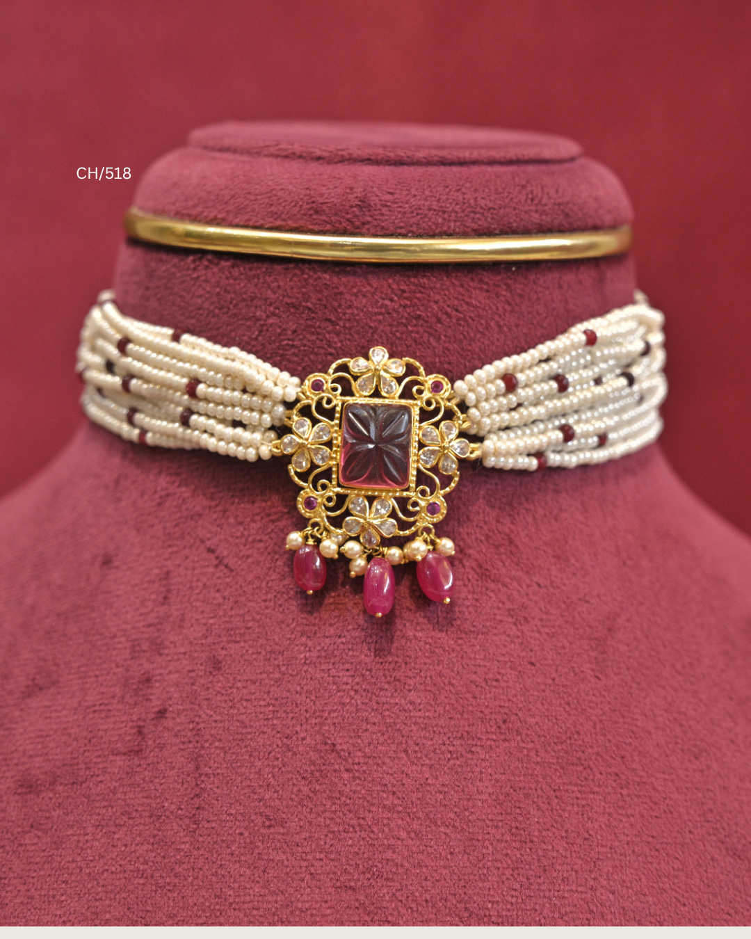 Carved Square Ruby Filigree Medallion Pearl Choker |  SKU: CH/518