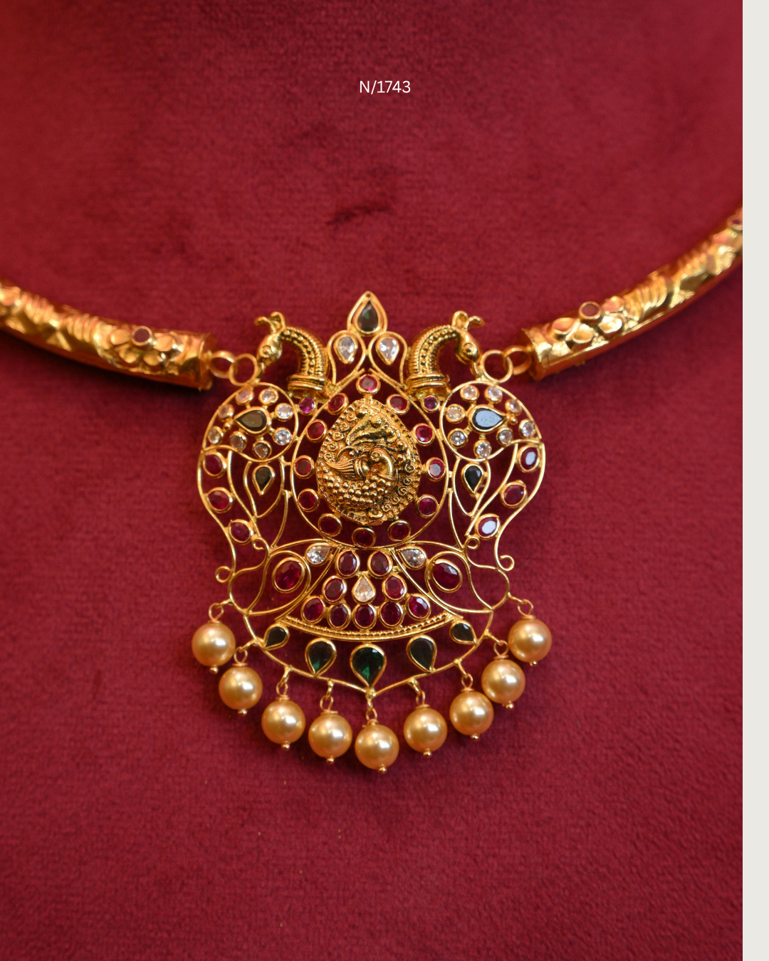 Twin Peacock Nakshi Medallion Pendant Tubular Hasli Necklace with Rubies, Emeralds, CZ & Pearl Drops | SKU: N/1743